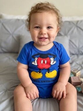 Disney Parks Mickey Mouse Baby Bodysuit 12M Blue Graphic Onesie 100% Awesome